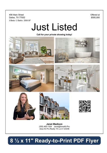 Listing Kit Studio Print Flyer PDF template with property photos and agent contact info